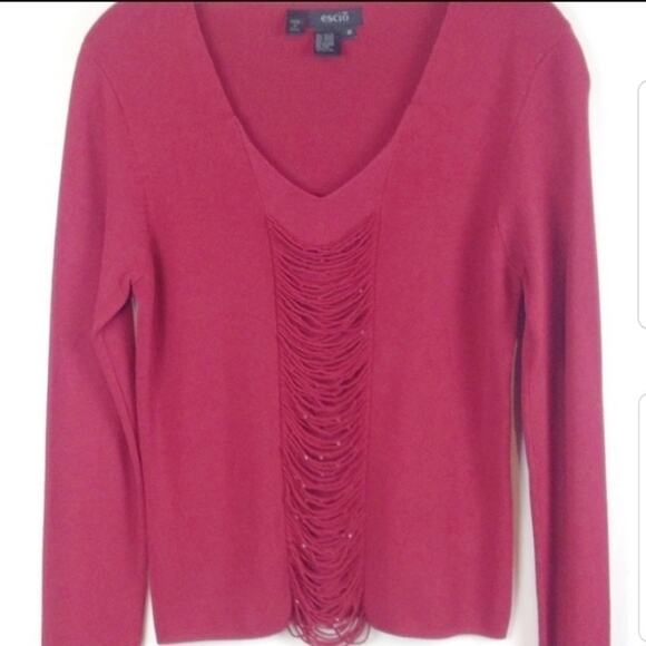 Escio‎ Deep Red Delicately Beaded Detail  Knit Top V-Neck Sweater Size Medium - Picture 1 of 8